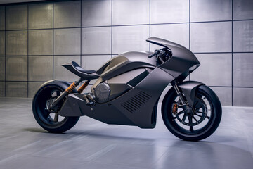 A futuristic titanium electric motorcycle in a garage with concrete floor and wall.