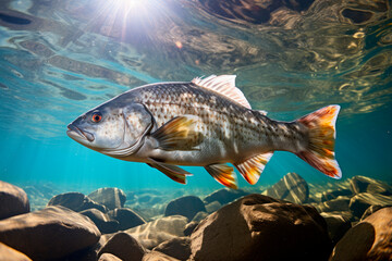Bright underwater view of a fish are swimming upstream in the clear water on a river stream