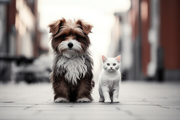 Homeless sad kitten and dog sitting on a street. Stray street animals roaming in a residential area. - Powered by Adobe