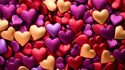 Pile of red, purple and golden hearts. Hearts background or Valentine greeting card.