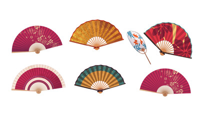 Colorful Asian traditional handheld paper fan, japanese souvenir, wooden chinese hand traditional fans vector illustration icons set. Cartoon flat vector illustration - obrazy, fototapety, plakaty