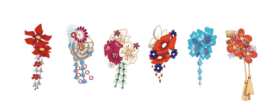 Set of hair traditional Japanese kanzashi hairpins. Flower hairpins and hair-clip for geisha. Vector illustration