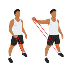 Man Doing Lateral Raise Home Workout Exercise with Thin Resistance Band Guidance. Flat vector illustration isolated on white background