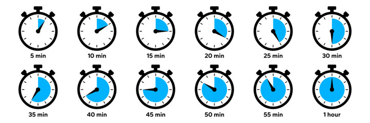 Timer and stopwatch icons. Time clock, Label cooking time. Vector. Chronometer stopping hour, minute, second symbols. Illustration of speed countdown and intervals, alarm set.