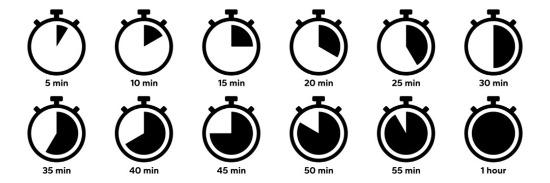 Timer and stopwatch icons. Time clock, Label cooking time. Vector. Chronometer stopping hour, minute, second symbols. Illustration of speed countdown and intervals, alarm set.
