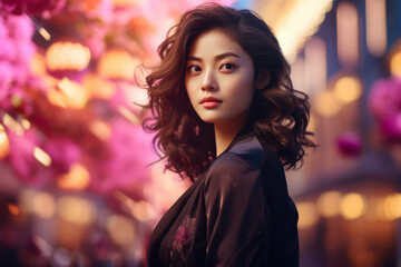 Fototapeta premium Young Asian woman in a city scene at dusk