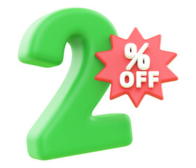 2 percent off sale discount - 3d number percent render