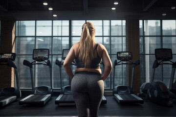 fat woman back view in gym - obrazy, fototapety, plakaty