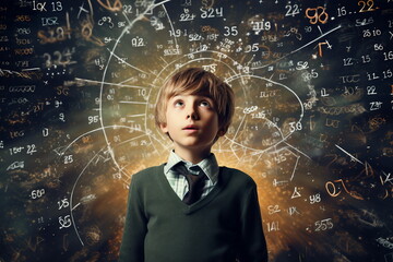 young schoolboy surrounded with numbers, equals