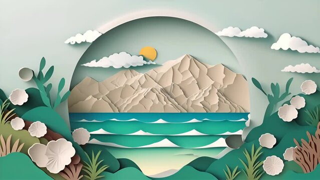 Paper cut colorful illustration. Landscape with coast and sea, sunny day. Space for text. Good for banner, header . High quality illustration