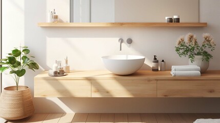 Fototapeta na wymiar Wall-mounted vanity with white ceramic vessel sink. Interior design of modern scandinavian bathroom