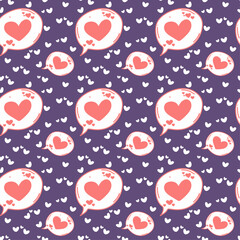 Seamless pattern with loving thoughts. Cloud of reflections with a heart on a purple background
