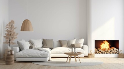 
White corner sofa near fireplace. Scandinavian home interior design of modern living room