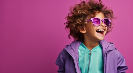 Happy Little Boy with Purple Sunglasses, Purple Jacket and Green Sweater on a Bright Pink Background. A little boy wearing purple sunglasses and smiling - obrazy, fototapety, plakaty