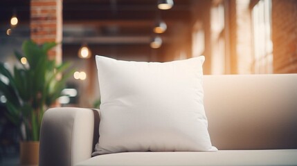 
white polyester pillow close up with no print, on a glam and modern style neutral-color sofa, with an elegant modern blurred background that includes a lamp and a plant, hyperrealistic style - obrazy, fototapety, plakaty
