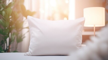  white polyester pillow close up with no print, on a glam and modern style neutral-color sofa, with an elegant modern blurred background that includes a lamp and a plant, hyperrealistic style