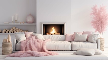 White sofa with pink pillows and fur and woolen blankets near fireplace. Scandinavian hygge home interior design of modern living room