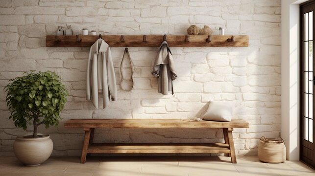 Wall-mounted coat rack above rustic bench. Farmhouse interior design of modern entrance hall