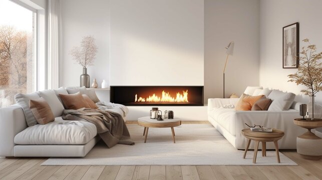 
White corner sofa near fireplace. Scandinavian home interior design of modern living room