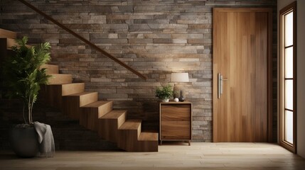 Wooden staircase and stone cladding wall in rustic hallway. Cozy home interior design of modern entrance hall with door
