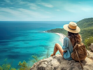 Young girl on top of a cliff overlooking the ocean,
