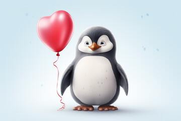 Adorable illustration featuring a cute penguin holding a heart balloon. Perfect for conveying joy and celebrating love in a whimsical and heartwarming style.