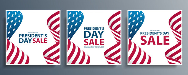 President's Day Sale. United States President Day commercial set with waving American flag. USA national holiday sales promotion. Vector illustration. - obrazy, fototapety, plakaty