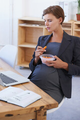 Business woman, pregnant and eating carrots for healthy diet, nutrition or food at office. Female...