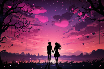 Illustration of couple dances in water at sunset, their silhouette against a vibrant sky, radiating romance.