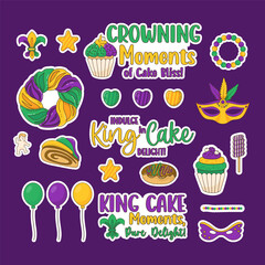 Mardi Gras carnival stickers set. Festive King Cake, cupcake and donuts with colorful icing, baby Jesus toy, balloon, candy, masks, necklaces and holiday phrases. Isolated Vector illustrations - obrazy, fototapety, plakaty