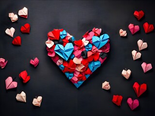 a colorful and creative display of heart made from paper, in the foreground and background is black