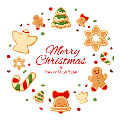 Christmas round frame gingerbread greeting card flat. Candy cane ball man bell xmas tree angel snowflake confetti icing dessert ginger cookie festive sweet decor background festive flyer