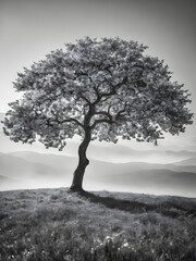 Black and white illustration of a lonely tree on a meadow in the mountains