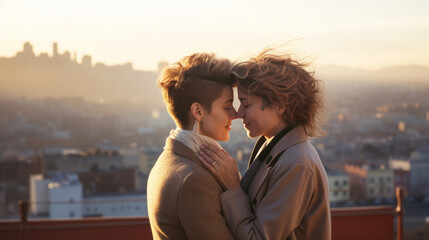 Lesbian couple embracing each other. Against the city view