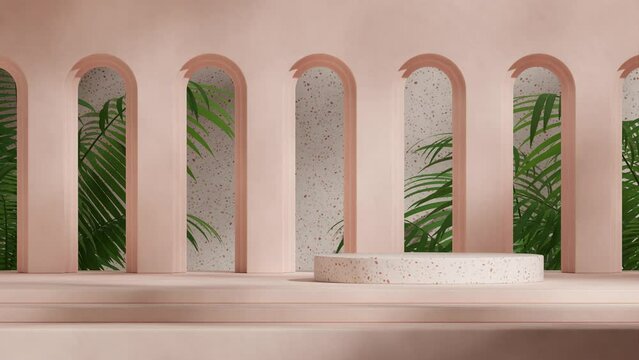seamless loop shadow animation with arch doorway and aracea palm, 3d render footage scene mockup of red terrazzo podium