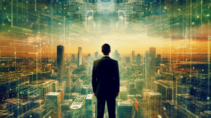 businessman on future network city background - obrazy, fototapety, plakaty