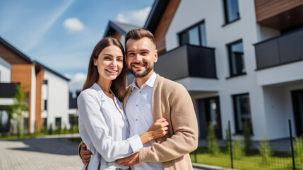 Happy young couple standing against their new house, embracing