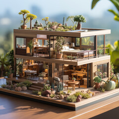 Fototapeta na wymiar A realistic wooden modern tiny house with flat roof and big windows all around in a small size. Model of a small modern ecological house with furniture. AI generative.