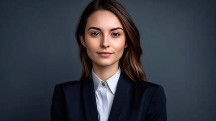 pretty young purposeful woman in a business suit against a dark wall