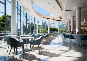 Modern empty cafeteria and food court in business center with large windows.AI Generative. - obrazy, fototapety, plakaty