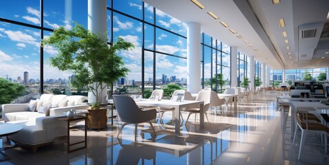 Empty large modern cafeteria with eco interior and large windows with city view.Wide angle.AI Generative.