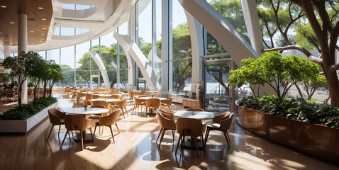 Modern empty cafeteria and food court in business center with large windows.AI Generative.