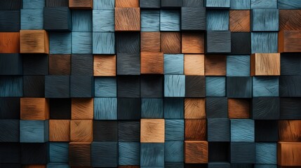 Abstract three dimensional brown and blue wooden cubes facing texture background.