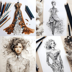 Photo of a fashion sketch with intricate patterns  Generative AI