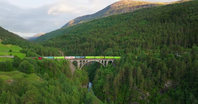 Beautiful scenery in background and train travelling over arched bridge
