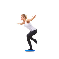 Fototapeta na wymiar Balance, exercise and fitness with woman on disk in studio for workout, mindfulness or health. Wellness, challenge and training with person on white background for flexibility, smile or aerobics
