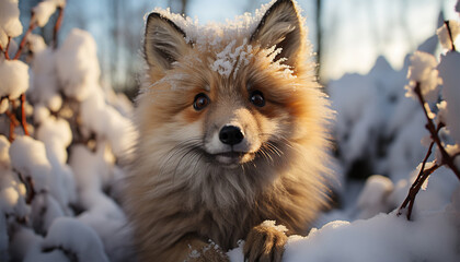 Red fox Vulpes vulpes looking in camera. feeding in deep snow with snowfall, in snowlandscape forest. Wildlife in the winter - obrazy, fototapety, plakaty