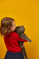 Portrait of the beautiful teen girl hugging her grey fat cat