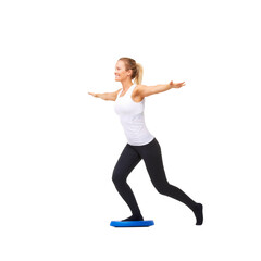 Balance, happy and fitness with woman on disk in studio for workout, mindfulness or exercise. Wellness, challenge and training with person on white background for flexibility, smile or aerobics