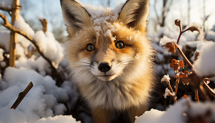 Red fox Vulpes vulpes looking in camera. feeding in deep snow with snowfall, in snowlandscape forest. Wildlife in the winter